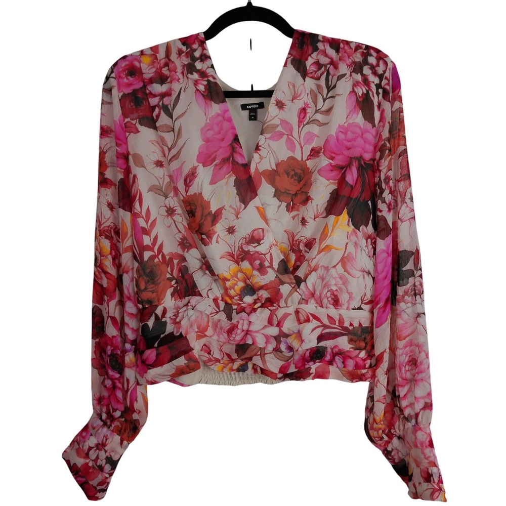Express Floral Chiffon Surplice Blouse Size M Pink Red Long Sleeve V-Neck Top